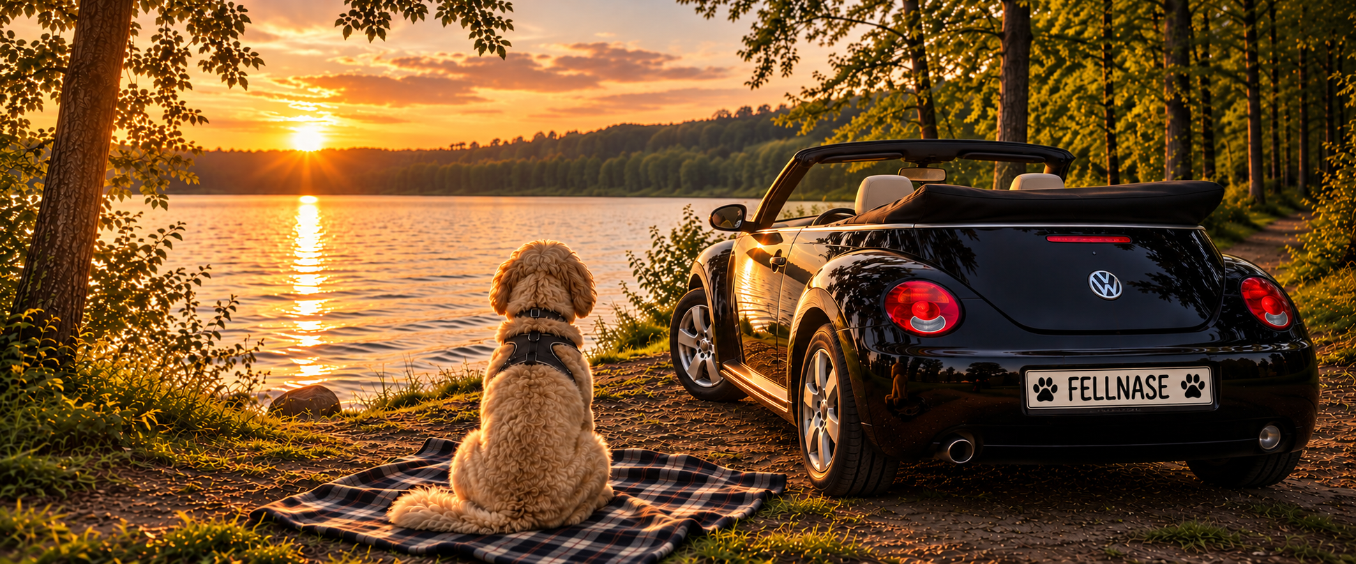Hund am See mit schwarzem Beetle Cabrio – Fellnasenberatung Ratgeber