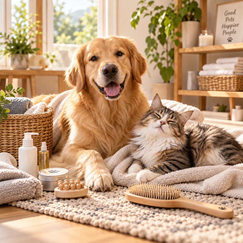 hund und katze im gemütlichen wellnessmoment